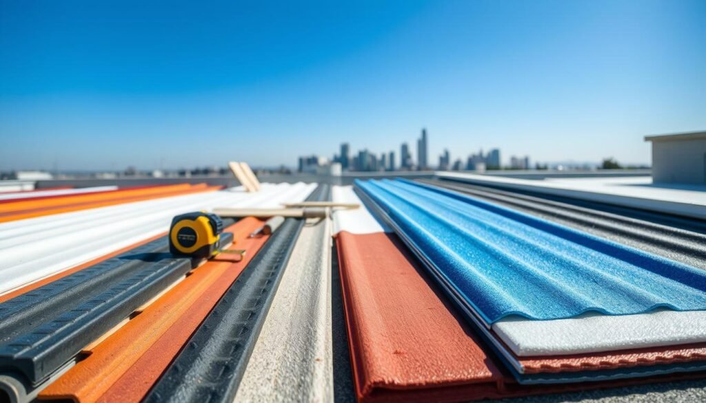 A close-up view of various flat roofing sheets materials, showcasing their textures and colors. In the foreground, display a variety of roofing sheets, including TPO, EPDM, and PVC, each in distinct colors and finishes, arranged neatly. The middle ground features tools and equipment used for installation and maintenance, such as a tape measure and insulation boards. The background includes a bright blue sky, hinting at a rooftop environment, with a minimal silhouette of a city skyline. Natural lighting casts soft shadows, enhancing the textures of the materials while maintaining a professional, informative atmosphere. Aim for a high-angle perspective to emphasize the orderly layout and practical significance of the roofing sheets.