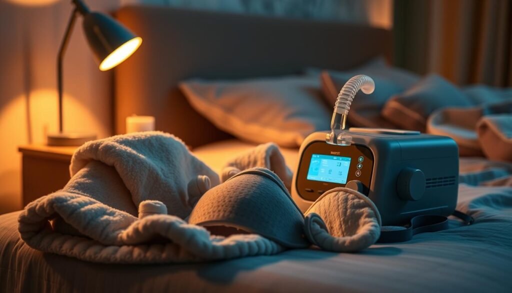 A cozy night scene featuring a well-organized sleep apnea machine setup, prominently displaying various stylish accessories for warmth and comfort. In the foreground, delicate fleece covers and plush masks designed for a sleep apnea machine are neatly arranged on a bedside table. The middle ground includes the machine itself, ergonomically designed, with soft, inviting textures and a soft light illuminating the area. The background shows a softly lit bedroom with calming colors, evoking a tranquil atmosphere ideal for restful sleep. Use warm, soft lighting to create a comforting ambiance, captured with a slight perspective angle to enhance depth. The overall mood is peaceful and serene, inviting viewers to consider the importance of comfort in sleep apnea management.