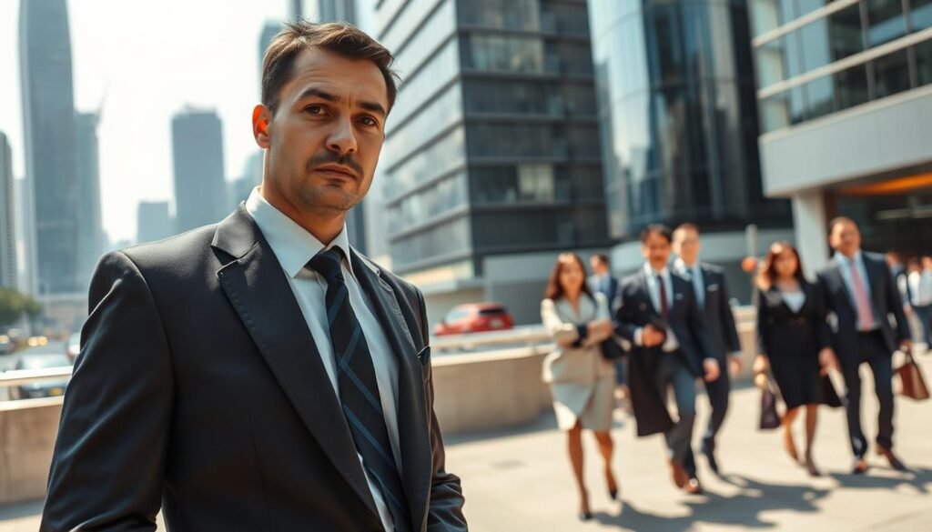 A professional private bodyguard stands confidently in a busy urban setting, dressed in a tailored black suit with a discreet earpiece, showcasing a blend of authority and vigilance. In the foreground, the bodyguard has a focused expression, scanning the surroundings with keen eyes, conveying readiness for action. In the middle ground, a group of elegantly dressed individuals, symbolizing high-profile clients, is observed walking calmly, creating a sense of trust and security. The background features a modern cityscape of Hong Kong with sleek skyscrapers and bustling streets, under bright daylight that casts gentle shadows. The atmosphere is assertive yet professional, emphasizing the importance of choosing a qualified private bodyguard. The composition captures the essence of safety and professionalism without any text or additional elements, focusing purely on the bodyguard's role.