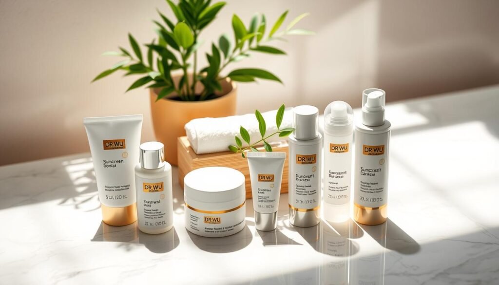 A stylish flat lay composition of DR.WU sunscreen products arranged artfully on a light marble surface. In the foreground, feature a variety of DR.WU sunscreen bottles with elegant designs, showcasing the different types available, such as gel, cream, and mist. In the middle area, include a soft, lush green plant for a natural touch, and a small wooden box containing a clean towel for a refreshing feel. The background features subtle hints of sunlight streaming, creating a warm, inviting atmosphere. The lighting should be soft and diffused to enhance the product's colors. Capture the essence of skincare with an emphasis on the importance of sunscreen, creating a soothing and informative visual that aligns with the theme of sun protection.