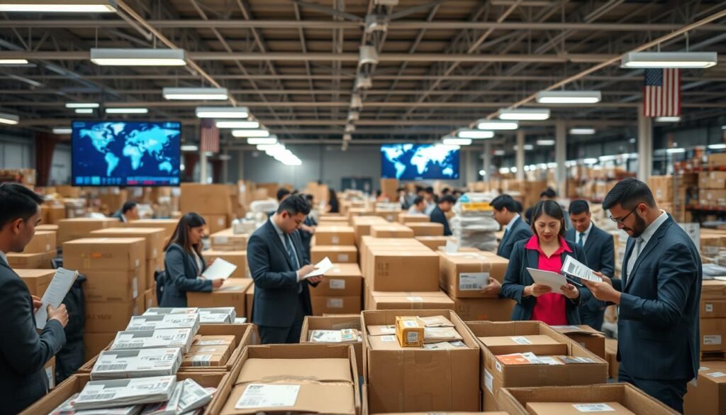 A bustling American shipping center, showcasing the intricate logistics of international shopping. In the foreground, a diverse group of individuals in professional business attire is organizing packages, discussing shipment details, and reviewing order forms. The middle ground features various open shipping containers filled with parcels and international labels, highlighting the complexity of global e-commerce. In the background, a large digital screen displays shipment timelines and logistics maps, glowing softly under overhead fluorescent lights. The atmosphere is dynamic yet organized, conveying a sense of efficiency and urgency in the process of delivering goods from the U.S. to eager customers worldwide. The image is captured with a slight overhead angle, emphasizing the scale of operations while maintaining clarity and focus on the hardworking staff and packages.