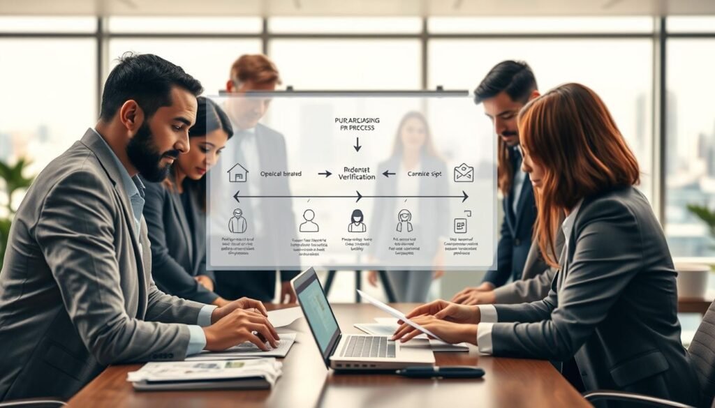 A detailed illustration of the American purchasing process for international buyers, visually representing the steps involved. In the foreground, a diverse group of individuals in professional attire (business suits and smart casual outfits) is gathered around a table, examining documents and a laptop displaying product listings. In the middle ground, a flowchart outlining the purchasing and identity verification process is depicted on a board or wall, with arrows and icons symbolizing each step. The background shows a well-lit office environment, with windows revealing a city skyline, suggesting professionalism and trust. Soft, warm lighting creates an inviting atmosphere, while a slight depth of field adds focus to the foreground action. Overall, the image conveys a sense of security and clarity in the American purchasing process.