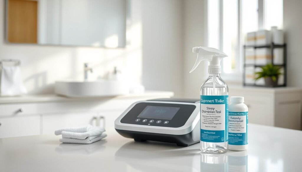 A modern sleep apnea machine placed on a bright, clean countertop, surrounded by disinfecting wipes and a spray bottle, conveying the importance of sanitation. In the foreground, focus on the machine's sleek design and control panel, reflecting the latest technology. The middle ground features user-friendly cleaning supplies, symbolizing the routine disinfection process. In the background, a softly lit bathroom scene with a mirror and soft towels enhances the atmosphere of cleanliness and care. Natural daylight pours in through a window, creating a warm, inviting ambiance. Capture the essence of professionalism and health awareness, emphasizing the significance of regular disinfection for sleep apnea devices. The image should be serene and hygienic, devoid of any text or distractions.