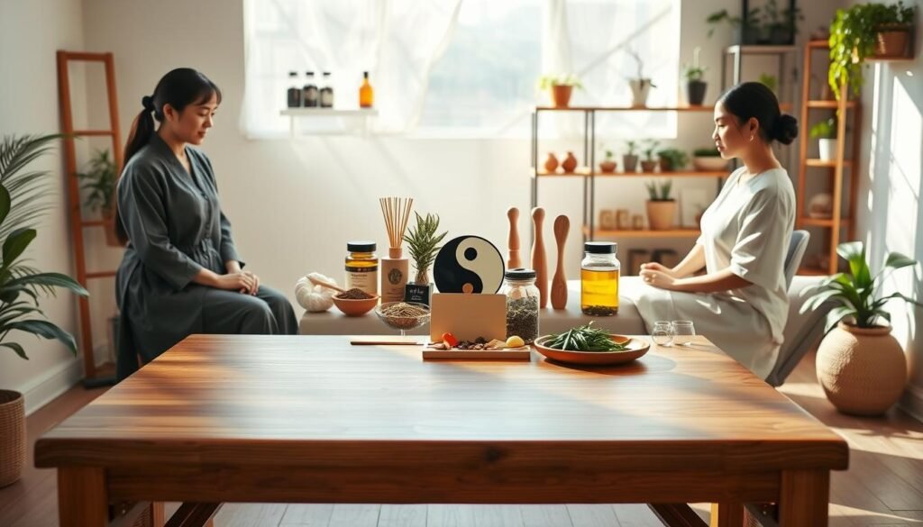 A serene and balanced scene depicting Traditional Chinese Medicine (TCM) elements for managing Polycystic Ovary Syndrome (PCOS). In the foreground, a wooden massage table set in a calming room with soft, natural lighting. A practitioner, a female in modest, professional attire, consults with a patient, both appearing relaxed and engaged in conversation. In the middle, a variety of TCM herbal remedies arranged aesthetically, along with acupuncture needles and a yin-yang symbol reflecting harmony. In the background, shelves filled with herbal jars and potted plants, creating a warm and inviting atmosphere. Soft shadows enhance the tranquil mood of holistic healing and wellness, embodying a sense of hope and healing for women dealing with PCOS.