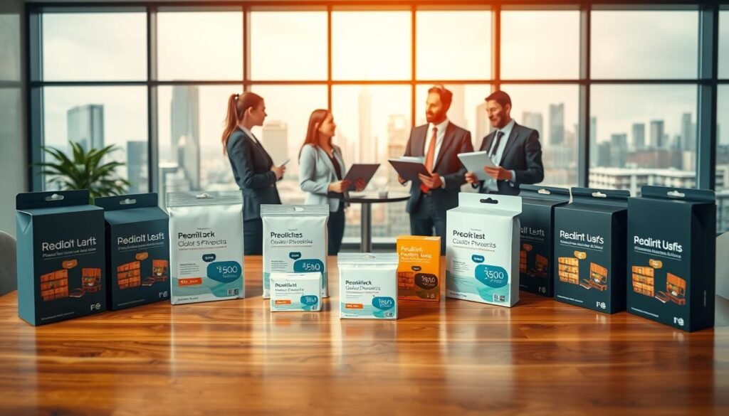 A visually engaging comparison of popular American purchasing agents, featuring various types of agents displayed in a dynamic layout. In the foreground, showcase sleek product packages representative of each agent's offering, arranged on a polished wooden table. In the middle ground, illustrate business professionals in smart, casual attire discussing and analyzing these agents, with laptops and charts displaying cost structures. The background should depict a modern office environment with a large window revealing a city skyline, symbolizing international commerce. Use warm, natural lighting to create a welcoming atmosphere, with soft shadows for depth. The angle should be slightly elevated, providing a comprehensive view of the scene while maintaining focus on the agents being compared.