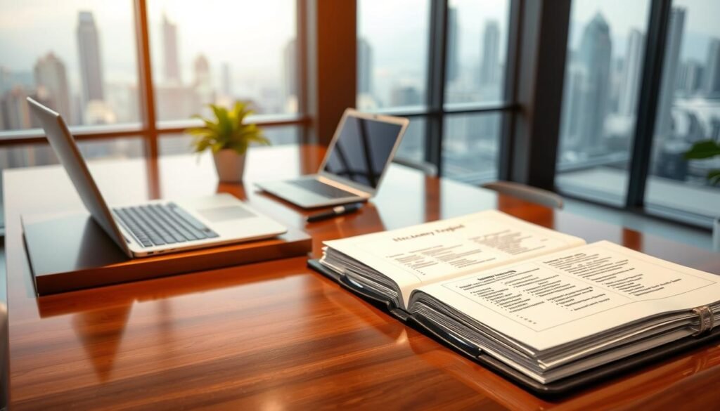 A professional, clean office setting showcasing an important register for significant controllers, symbolizing the "重要控制人登記冊" (SCR). In the foreground, a sleek, open binder with neatly organized pages, displaying fictitious entries related to company control in Hong Kong. The middle ground features a polished wooden desk with a laptop, a potted plant, and a stylish pen, exuding a sense of modernity and professionalism. The background contains a softly lit office with a blurred cityscape of Hong Kong visible through a large window, hinting at business dynamism. The atmosphere is focused and serious, reflecting the importance of compliance and corporate governance. The lighting is warm and inviting, emphasizing the meticulous details of the SCR.