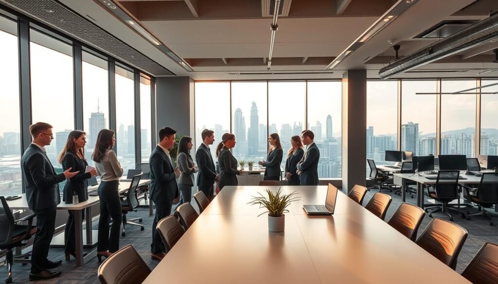 A vibrant office environment in Kowloon, showcasing the benefits of flexible leasing and shared facilities. In the foreground, a diverse group of professionals dressed in smart business attire are engaged in discussion around a modern conference table, highlighting collaboration. The middle ground features an open-plan office space with stylish desks and cutting-edge technology, symbolizing innovation and versatility. In the background, large windows reveal a stunning skyline of Kowloon, bathed in warm afternoon light, creating an inviting atmosphere. The overall mood is dynamic and inspiring, emphasizing the importance of flexibility and connectivity in business. The image should reflect a contemporary, professional setting without any text or watermarks.