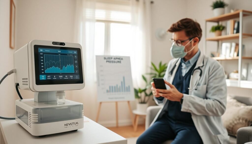 A serene and informative scene depicting a healthcare professional adjusting the settings on a modern sleep apnea machine in a cozy, well-lit consultation room. In the foreground, the expert, dressed in professional attire, carefully examines a digital display showing weight and sleep patterns. The middle ground features a sleep apnea device with visible pressure settings and a chart illustrating the correlation between weight and machine pressure adjustments. The background consists of soft hues, with calming decorations such as potted plants and medical bookshelves, enhancing the atmosphere of trust and competence. Natural lighting filters in through a window, creating a warm, inviting environment that emphasizes the importance of proper sleep management.