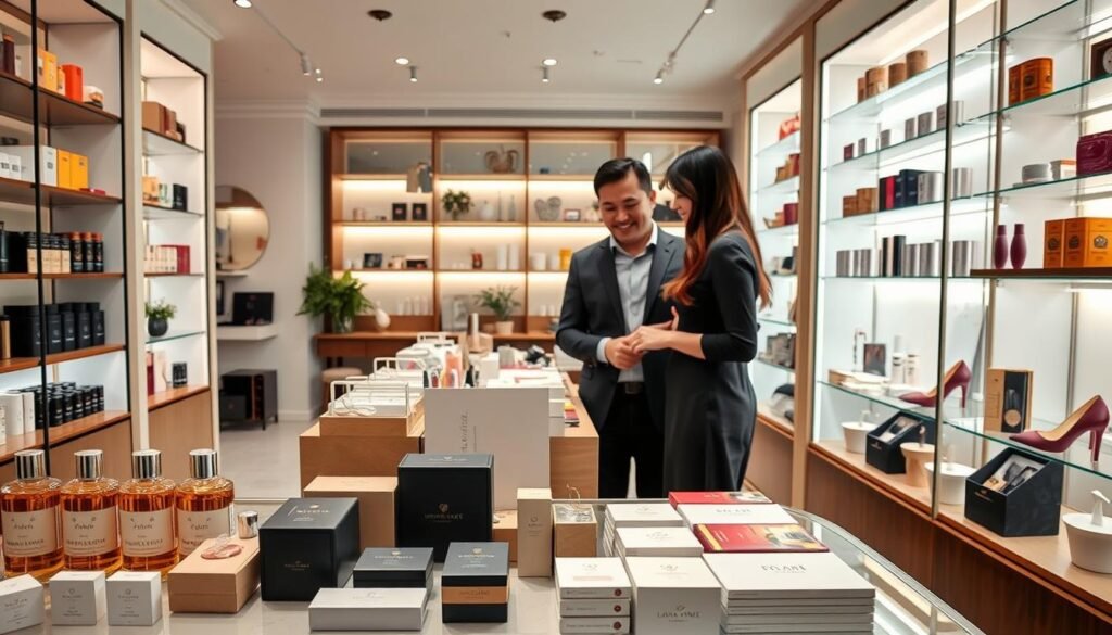 A serene, well-lit boutique in Hong Kong dedicated to intimate products, with a focus on customer-friendly displays. In the foreground, a neatly arranged table showcasing a variety of tasteful and colorful items like massage oils, elegant boxes, and discreet accessories. A friendly staff member in professional attire is assisting a couple browsing the products, showcasing engagement and warmth. The middle of the image conveys an inviting atmosphere with shelves filled with thoughtfully selected products, illuminated by soft, warm lighting. In the background, glimpses of a cozy store design featuring modern decor elements reflect a sense of comfort and discovery. The overall mood is friendly and approachable, encouraging exploration while maintaining a professional tone.
